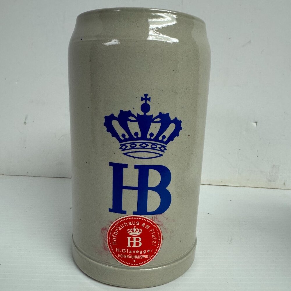 Vintage HB Hofbrauhaus Beer Stein Mug Blue Logo 1 L Stoneware W. Germany -1203